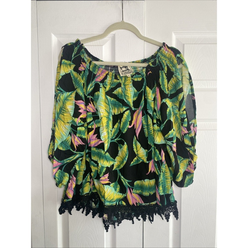 JAGGER Tropical Off Shoulder Blouse Womens Size S Black Green Leaf Lace Rayon